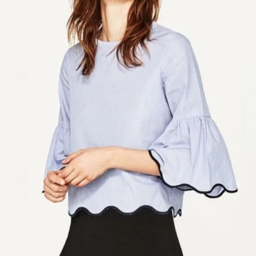 ZARA | Pinstriped Bell Sleeve Scallop Hem Top Sz XS
